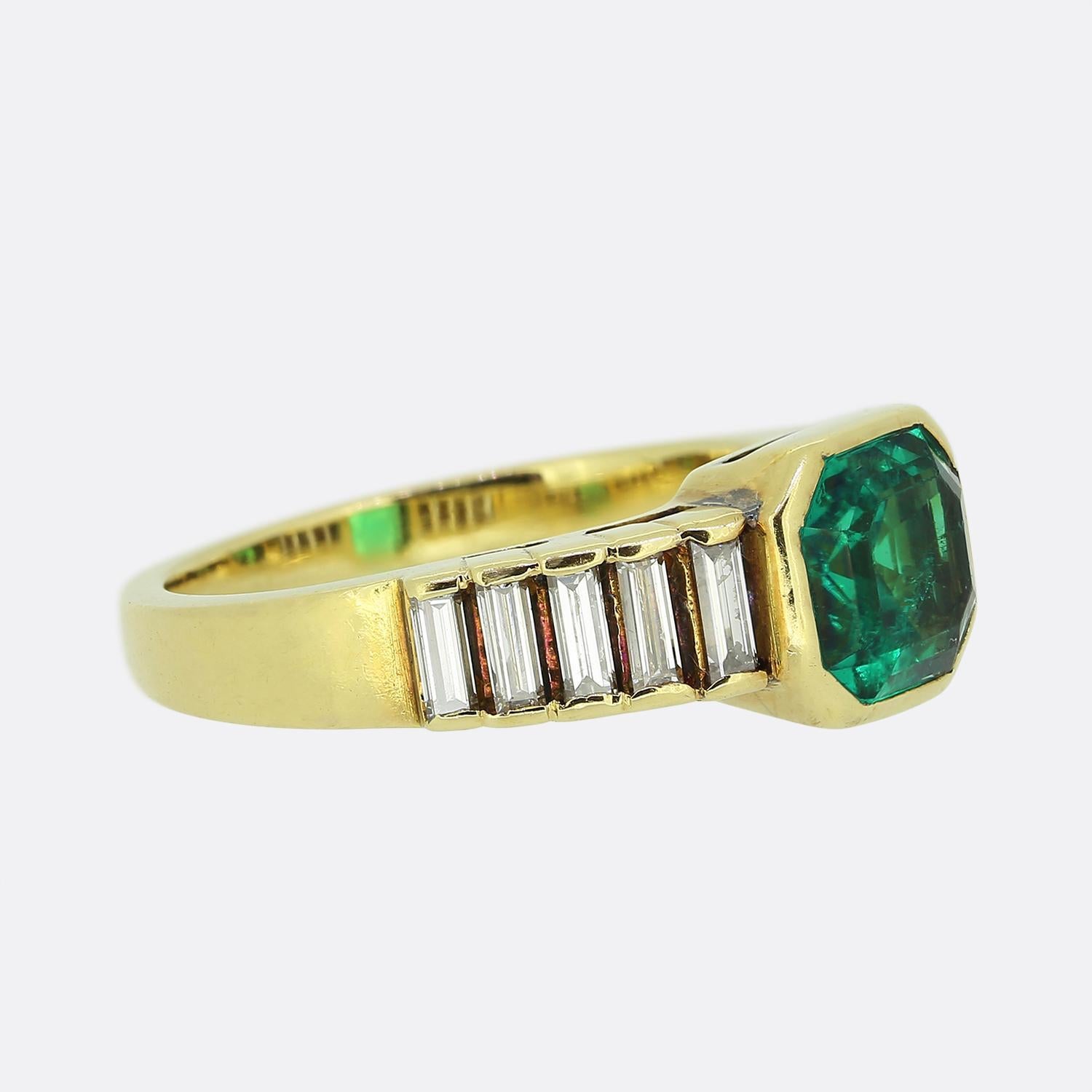 Baguette Cut Vintage Emerald and Diamond Ring