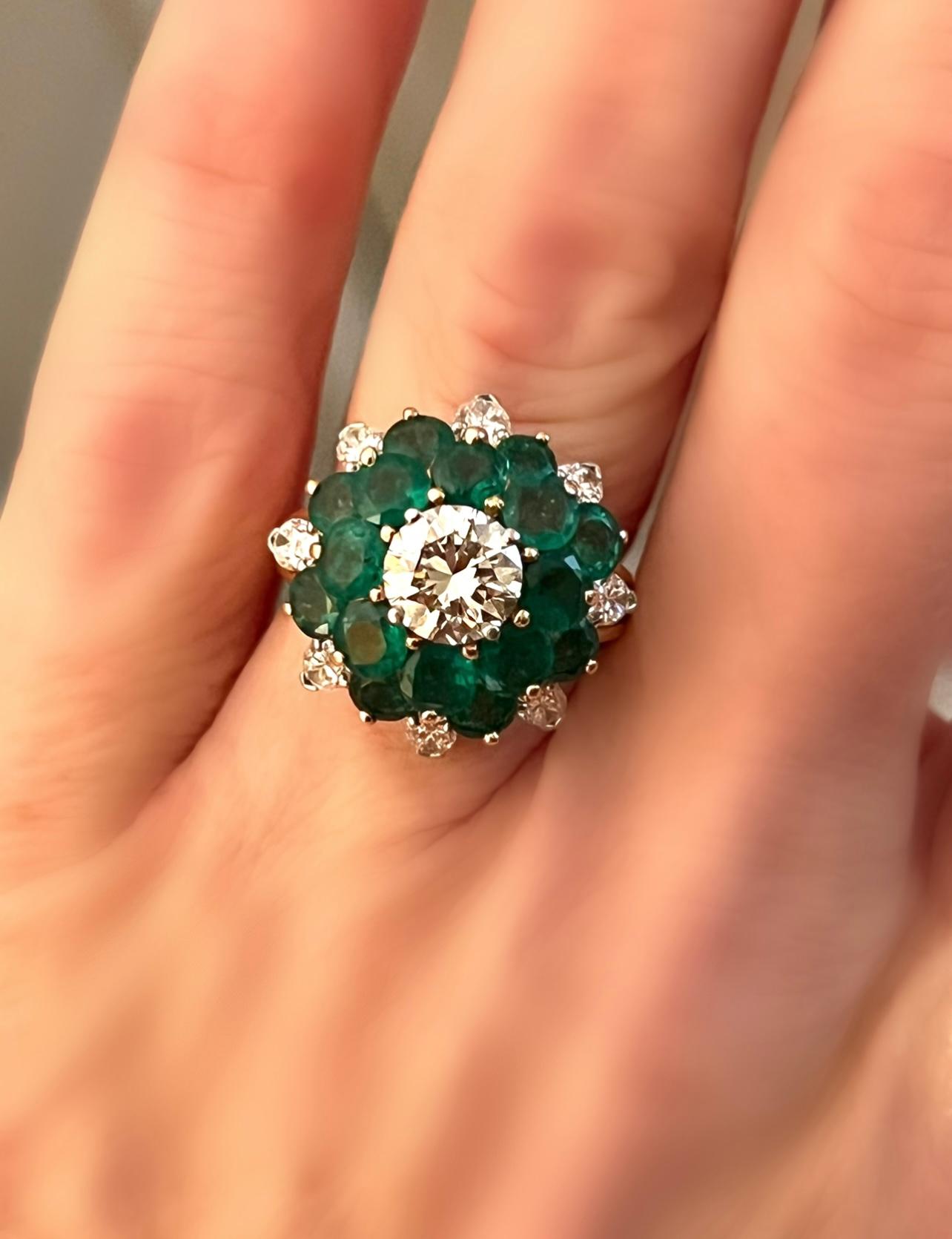 Round Cut Vintage Emerald and Diamond Ring  For Sale