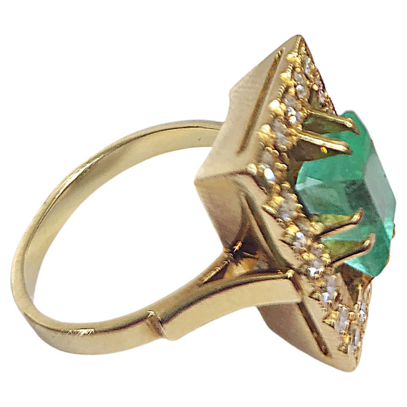  Emerald And Diamond Russian Gold Ring For Sale 2