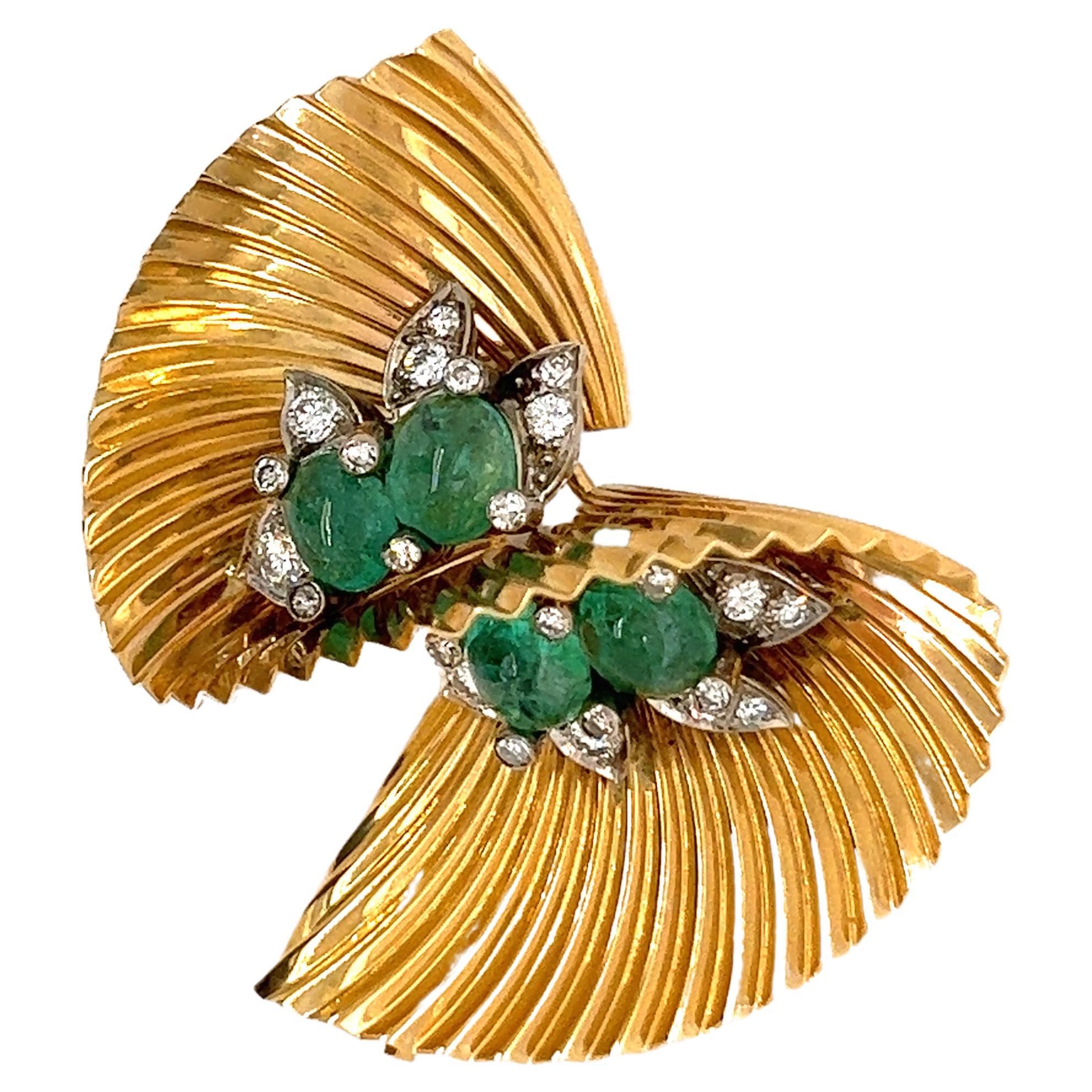 Vintage Emerald and Diamond Spiral Brooch For Sale