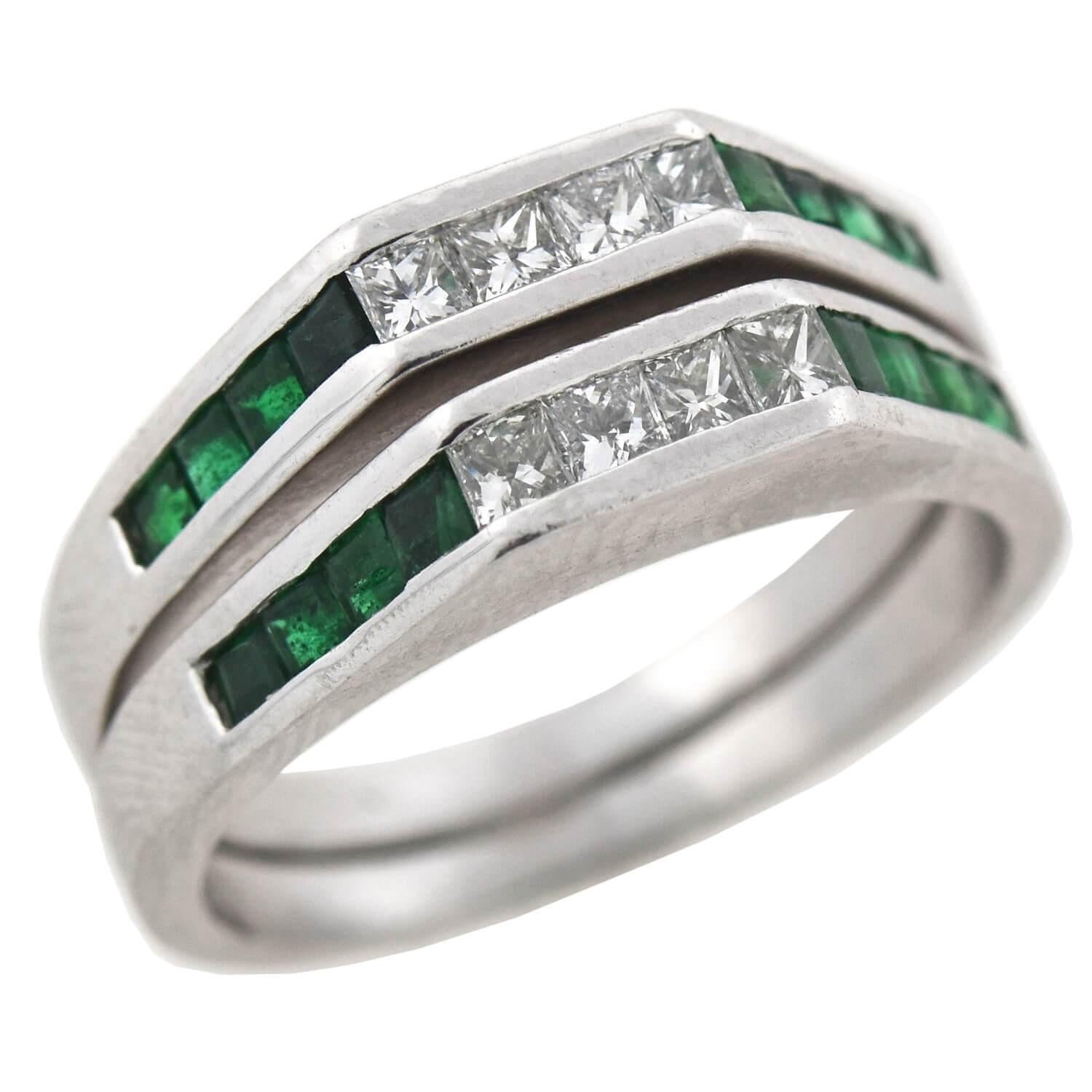 A stunning and unusual pair of vibrant gemstone bands from the 1960s era! These gorgeous Vintage rings have a unique tapered square face design and each is accented with twelve channel set stones. The rings are crafted in platinum, both carrying an