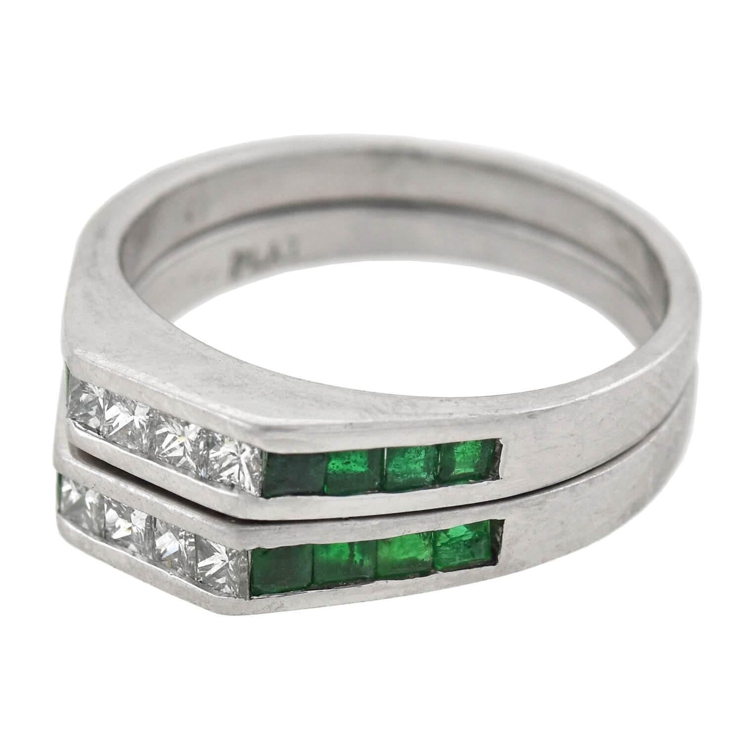 Contemporary Vintage Emerald and Diamond Squared Band Ring Set