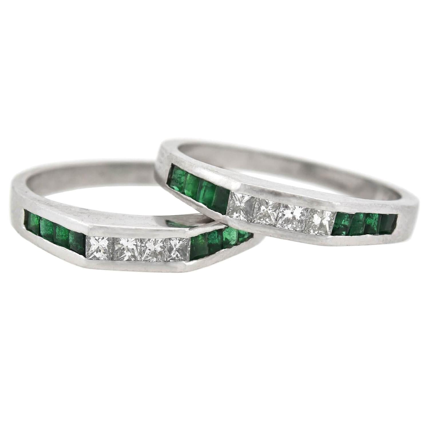 Vintage Emerald and Diamond Squared Band Ring Set