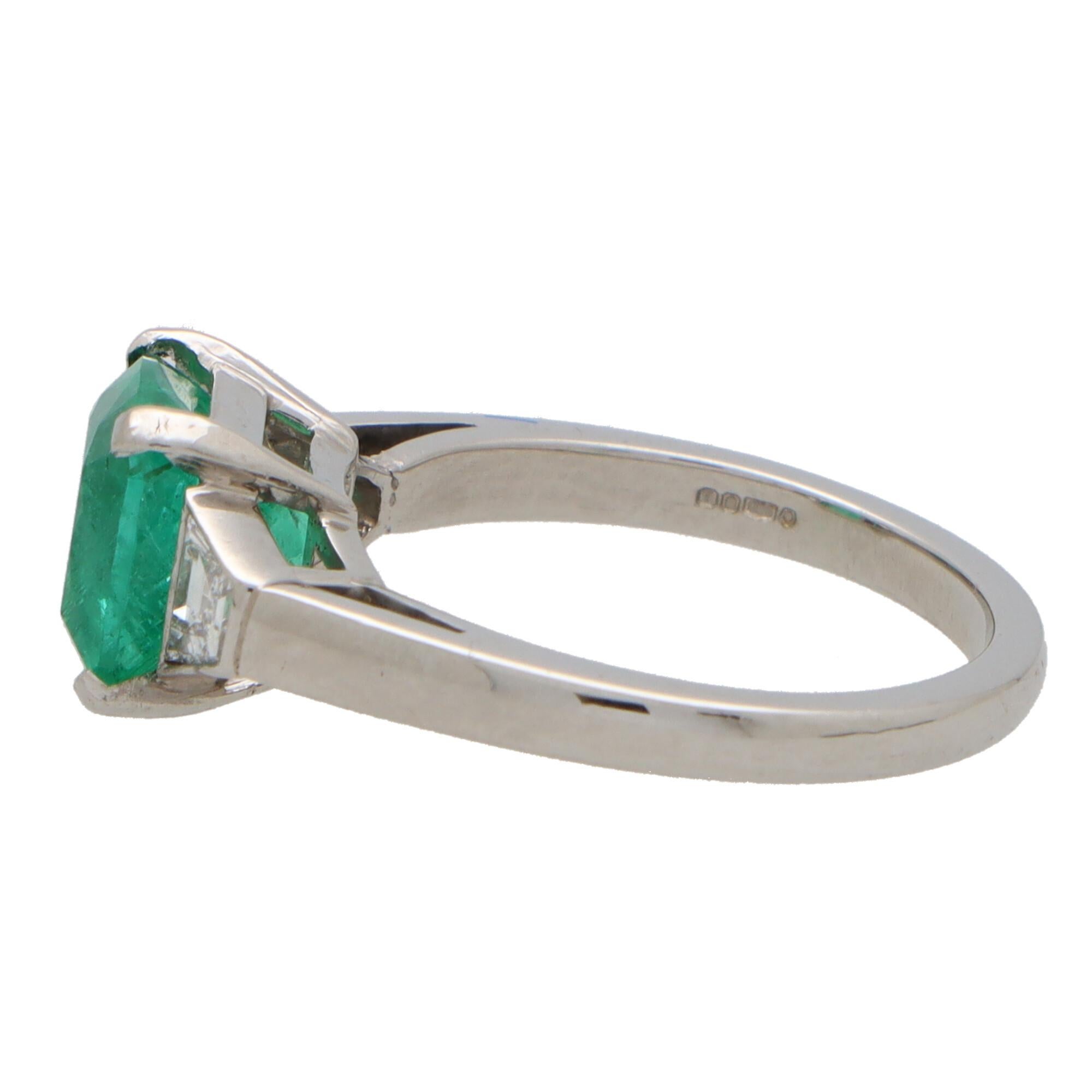 Modern Vintage Emerald and Diamond Trilogy Ring Set in Platinum 
