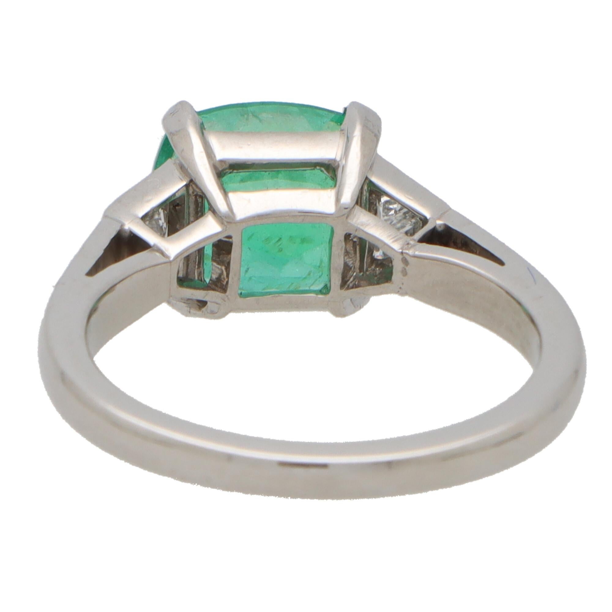 Cushion Cut Vintage Emerald and Diamond Trilogy Ring Set in Platinum 