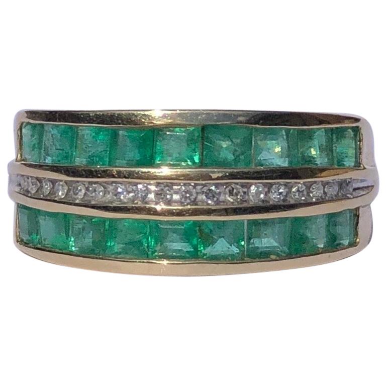 Vintage Emerald and Diamond Triple Row 9 Carat Gold Band