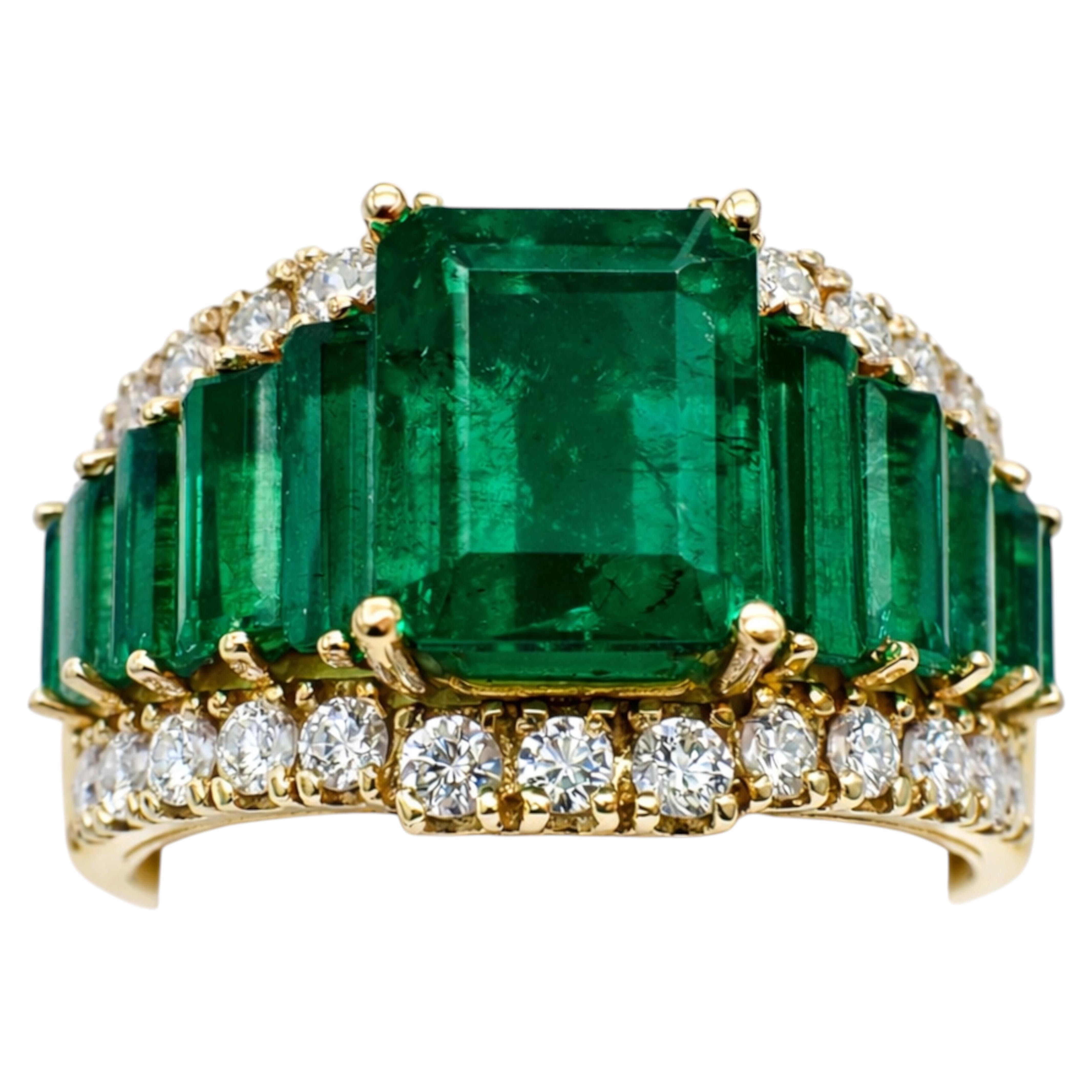 Vintage Emerald and Diamond Wide Band Ring in 18K Yellow Gold