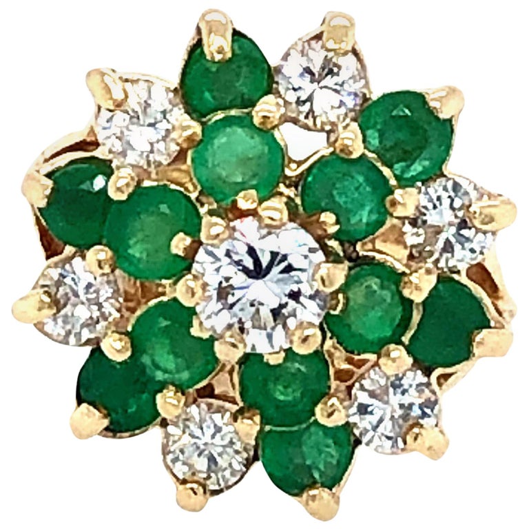 Vintage Emerald and Diamonds Cluster Cocktail Ring in 14 Karat