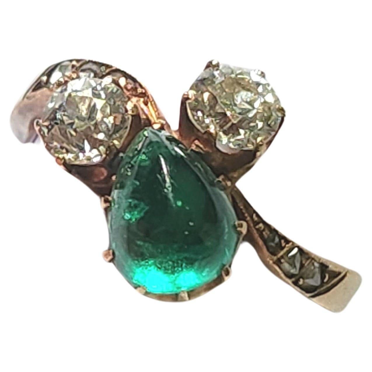 Vintage Emerald And Old Mine Cut Diamond Gold Ring For Sale 3