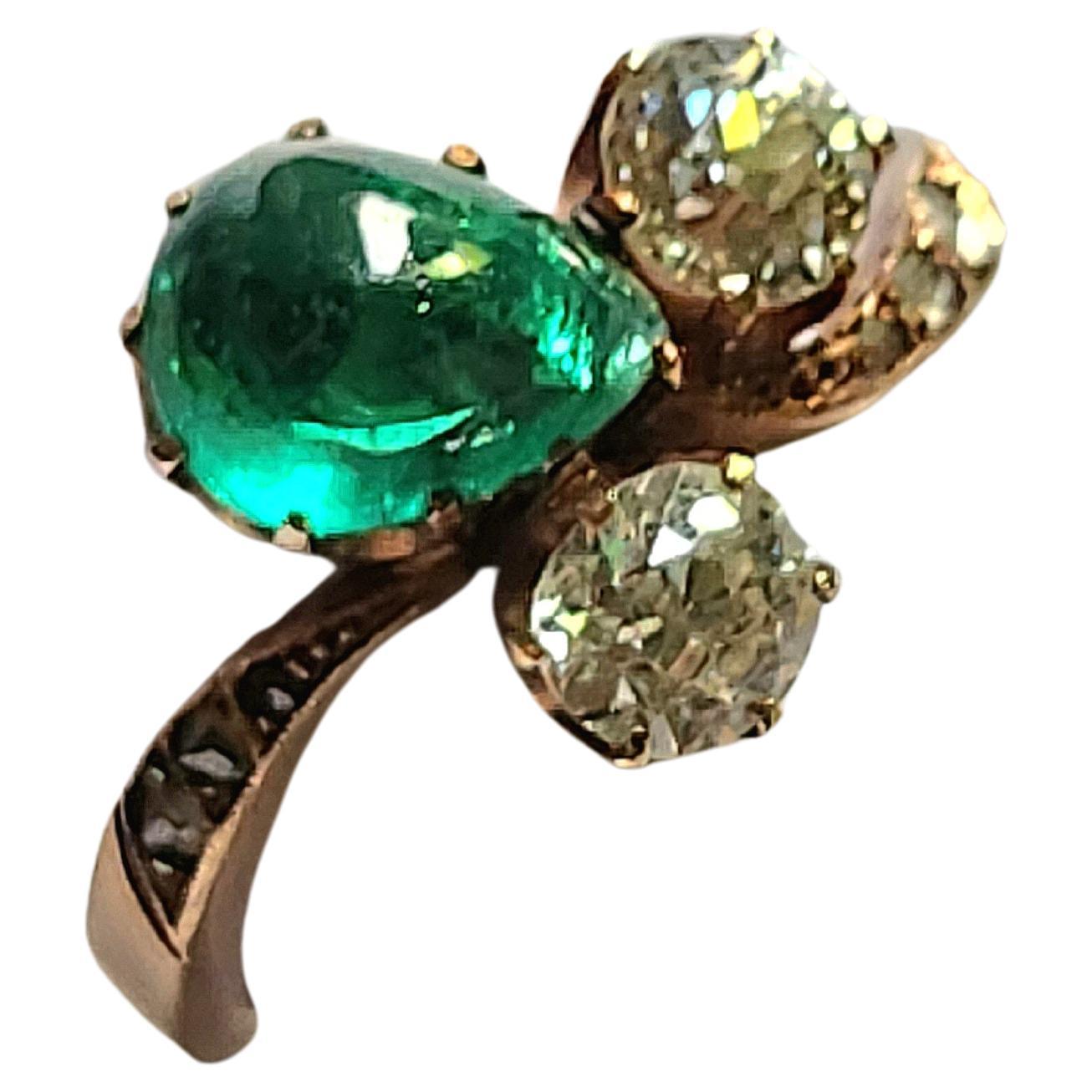 Vintage Emerald And Old Mine Cut Diamond Gold Ring