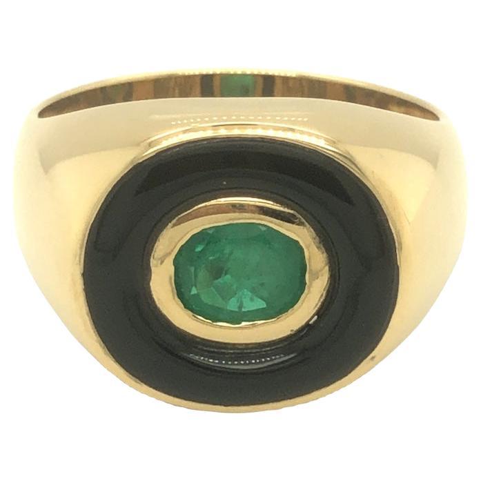 Vintage Emerald and Onyx Men's Ring 18K Yellow Gold