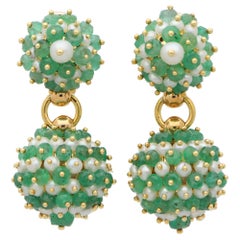 Vintage Emerald and Pearl Drop Ball Earrings Set in 18k Yellow Gold