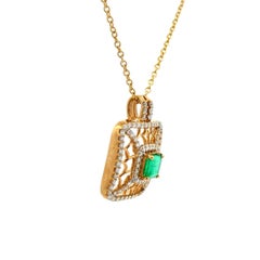 Vintage Emerald and RBC Diamond Gold Pendant Necklace Estate Fine Jewelry