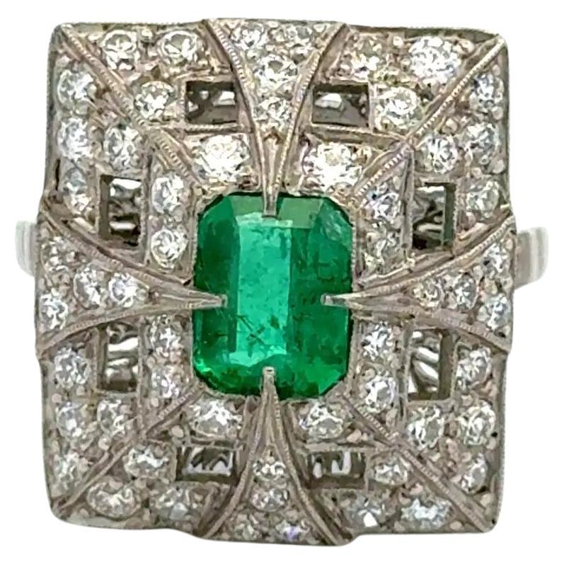 Vintage Emerald and RBC Diamond Platinum Cocktail Ring Estate Fine Jewelry For Sale