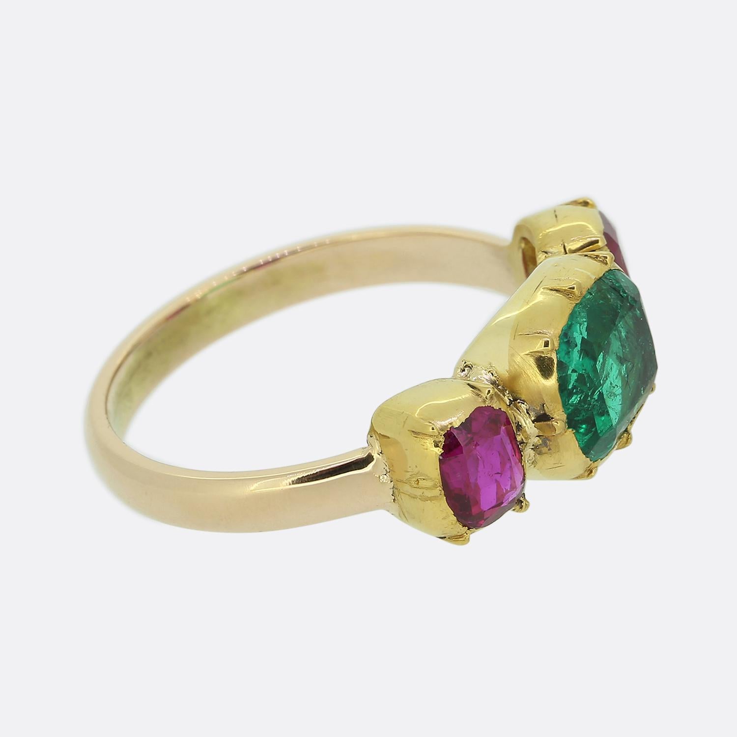 Oval Cut Vintage Emerald and Ruby Three-Stone Ring For Sale