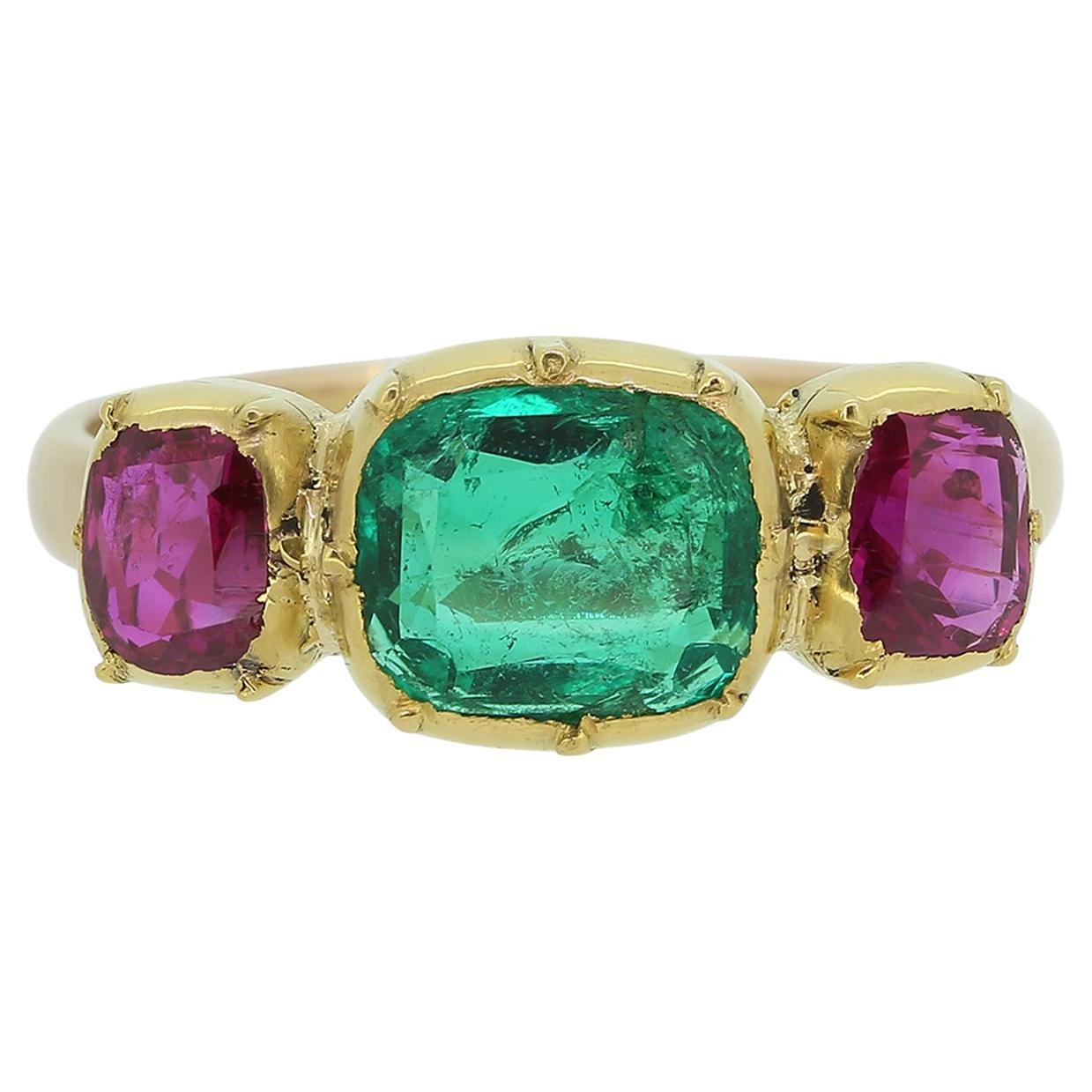 Vintage Emerald and Ruby Three-Stone Ring For Sale