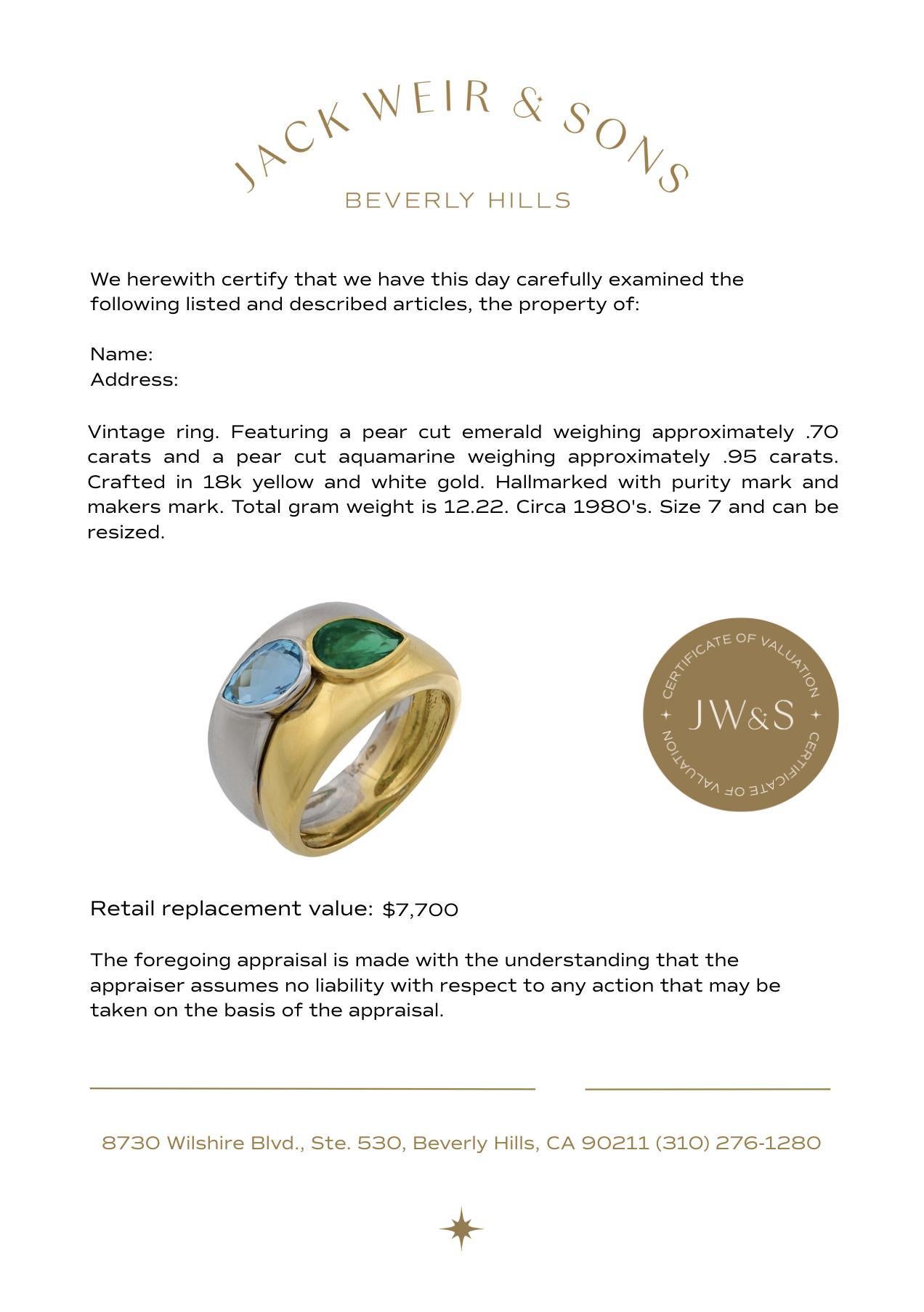 Bague de cocktail vintage à double anneau en or jaune et blanc 18k avec émeraude et aigue-marine Pour femmes en vente