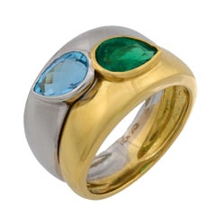 Vintage emerald aquamarine 18k yellow and white gold double band cocktail ring
