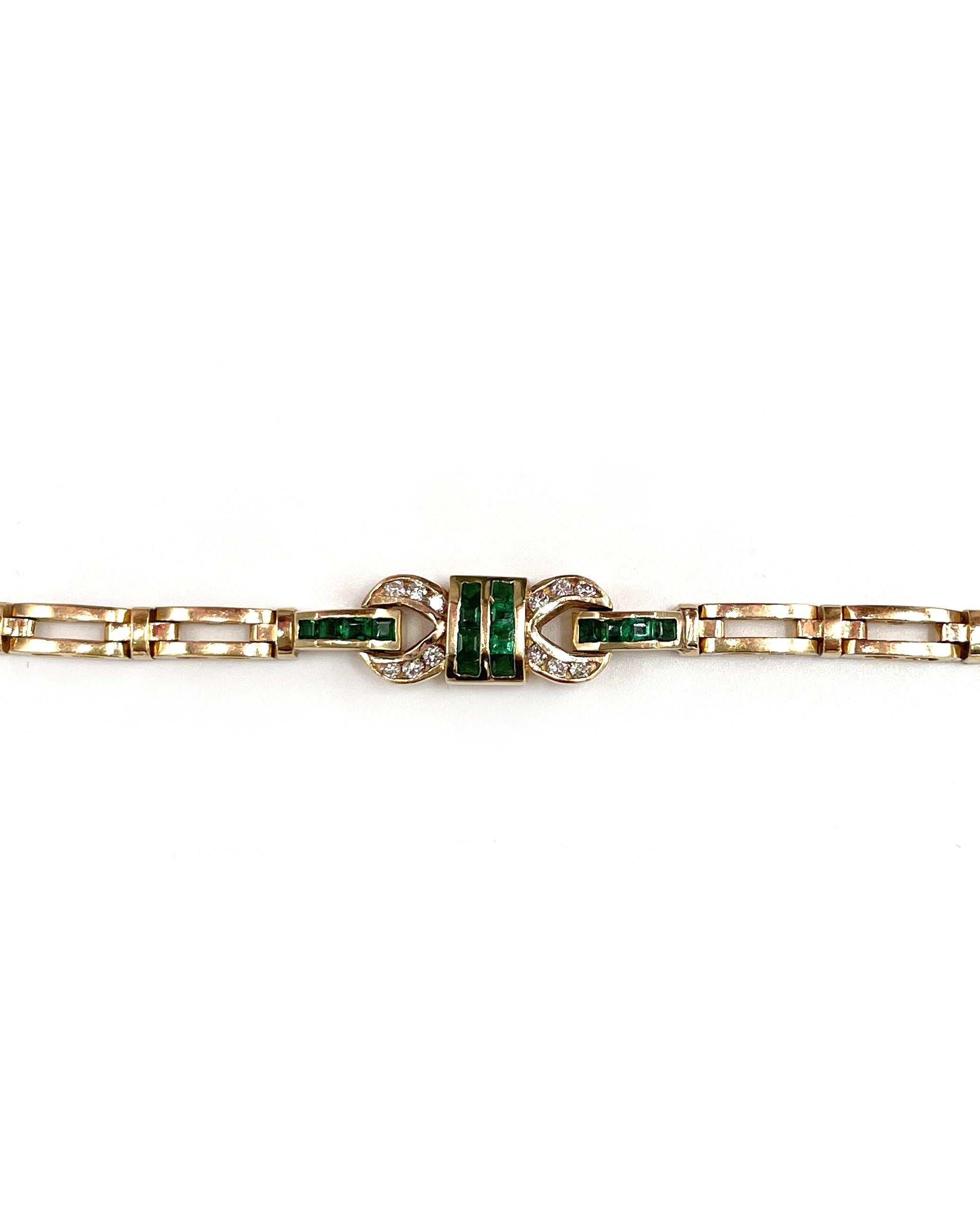 Vintage 14K yellow gold bracelet with 12 round diamonds totaling 0.25 carats and with 16 square cut emeralds totaling 0.65 carats. 

* Approximately 7 inches in length 
* Circa 1985
* Diamonds are G color, VS clarity