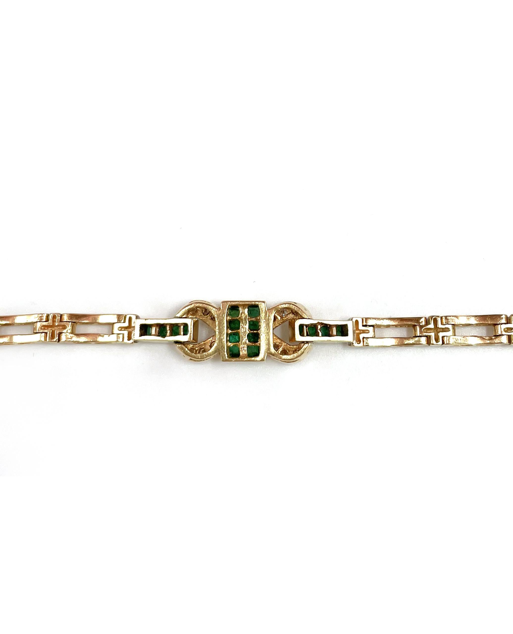 14 Karat Gold Vintage Smaragd-Armband mit Diamanten gefasst (Rundschliff) im Angebot