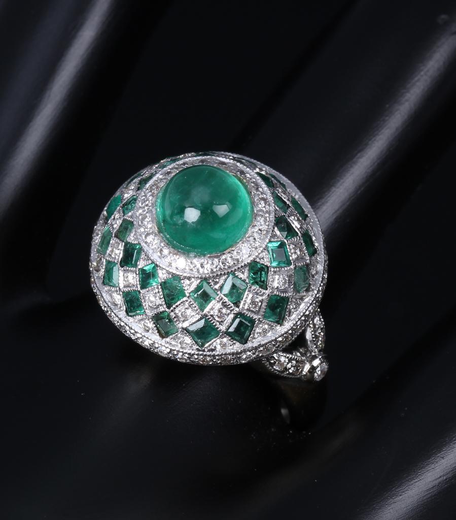 Retro Vintage emerald cabochon and diamond fancy cocktail ring by David Morris