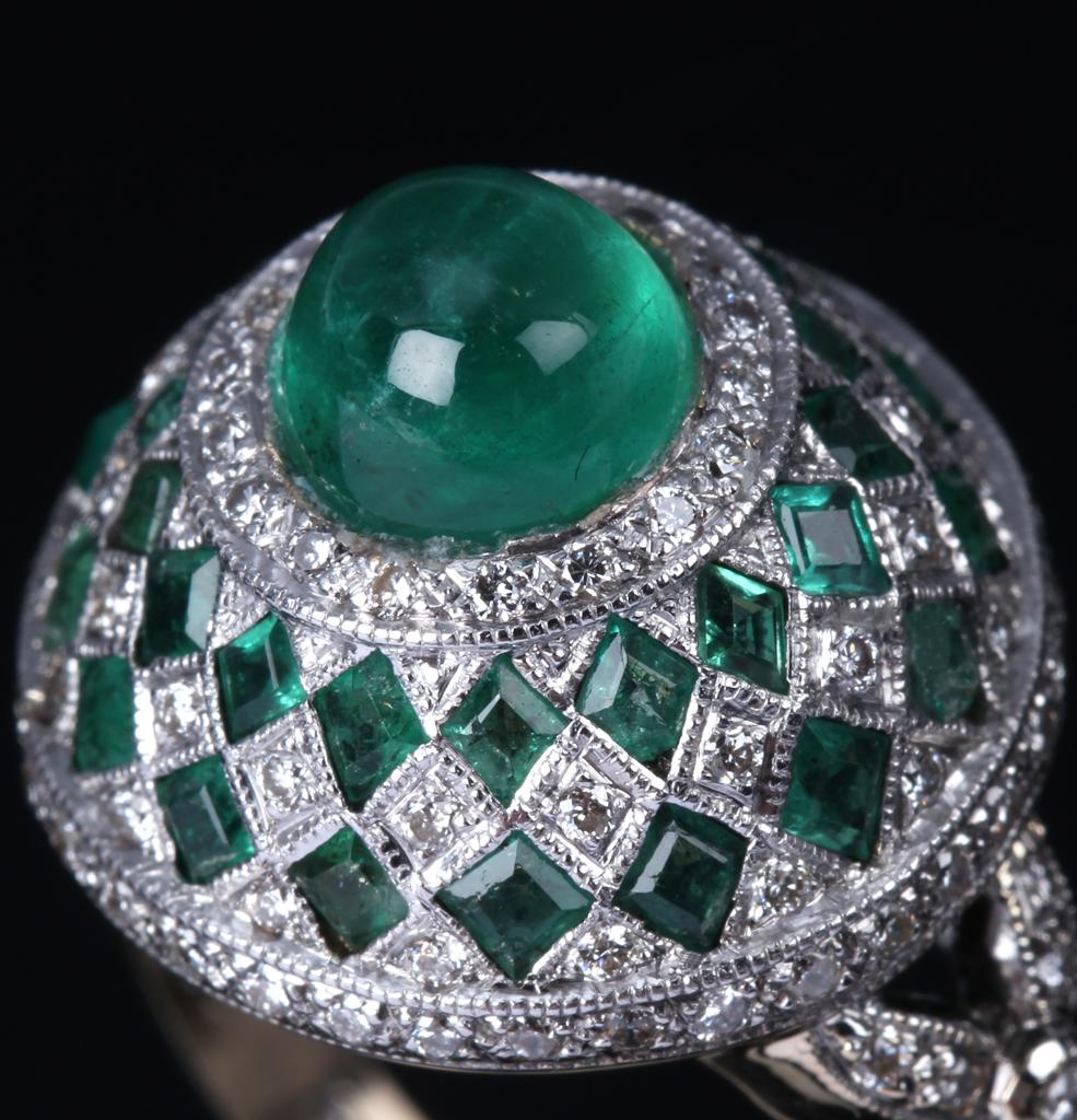 Cabochon Vintage emerald cabochon and diamond fancy cocktail ring by David Morris