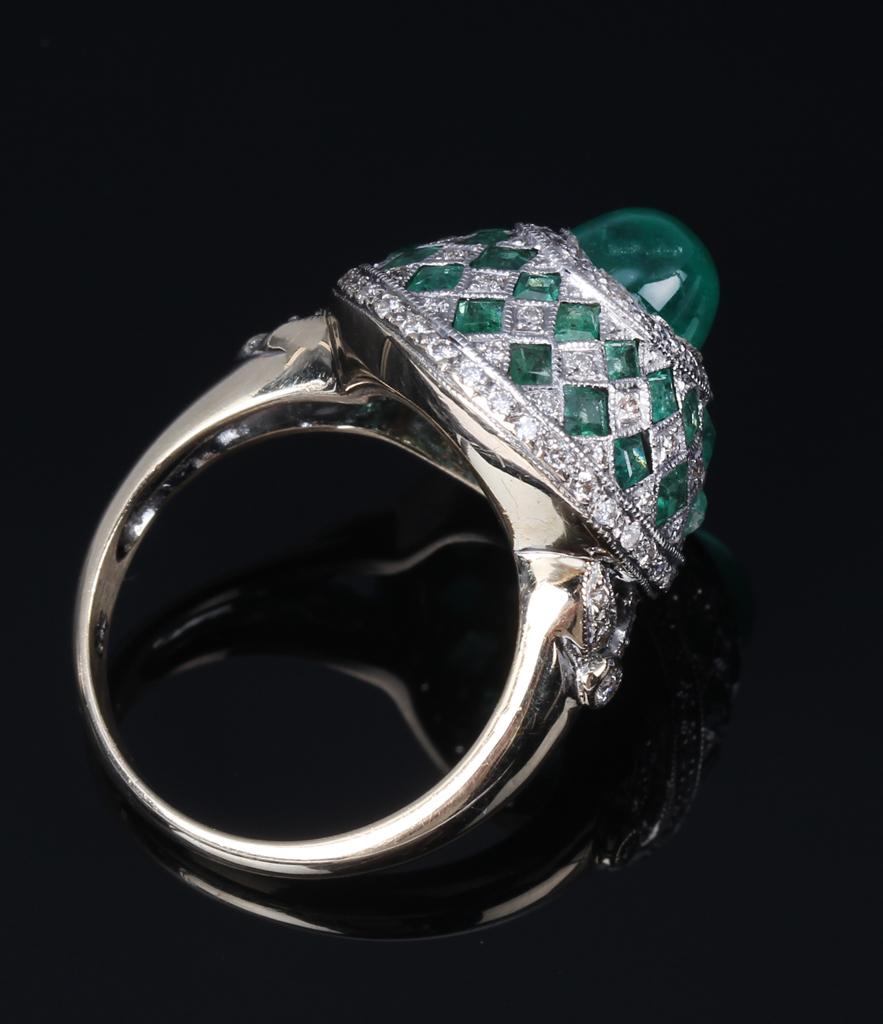 Vintage emerald cabochon and diamond fancy cocktail ring by David Morris 1