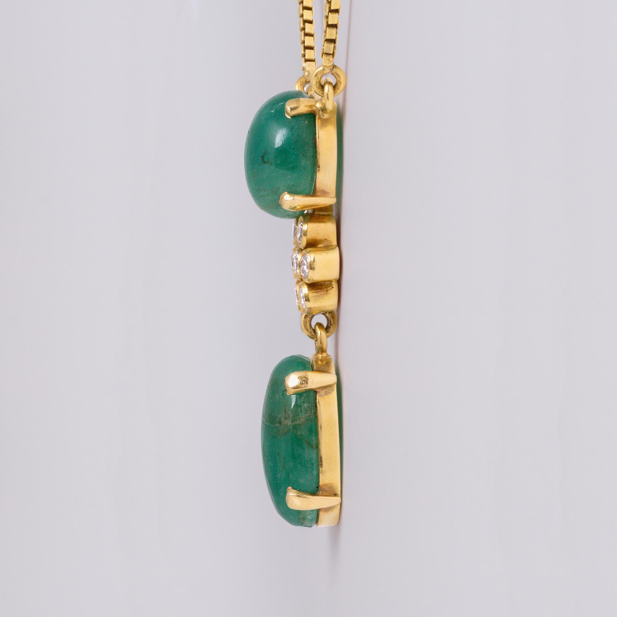 Women's Vintage Emerald Cabochon & Diamond Dangle Necklace 18K Gold Box Chain For Sale