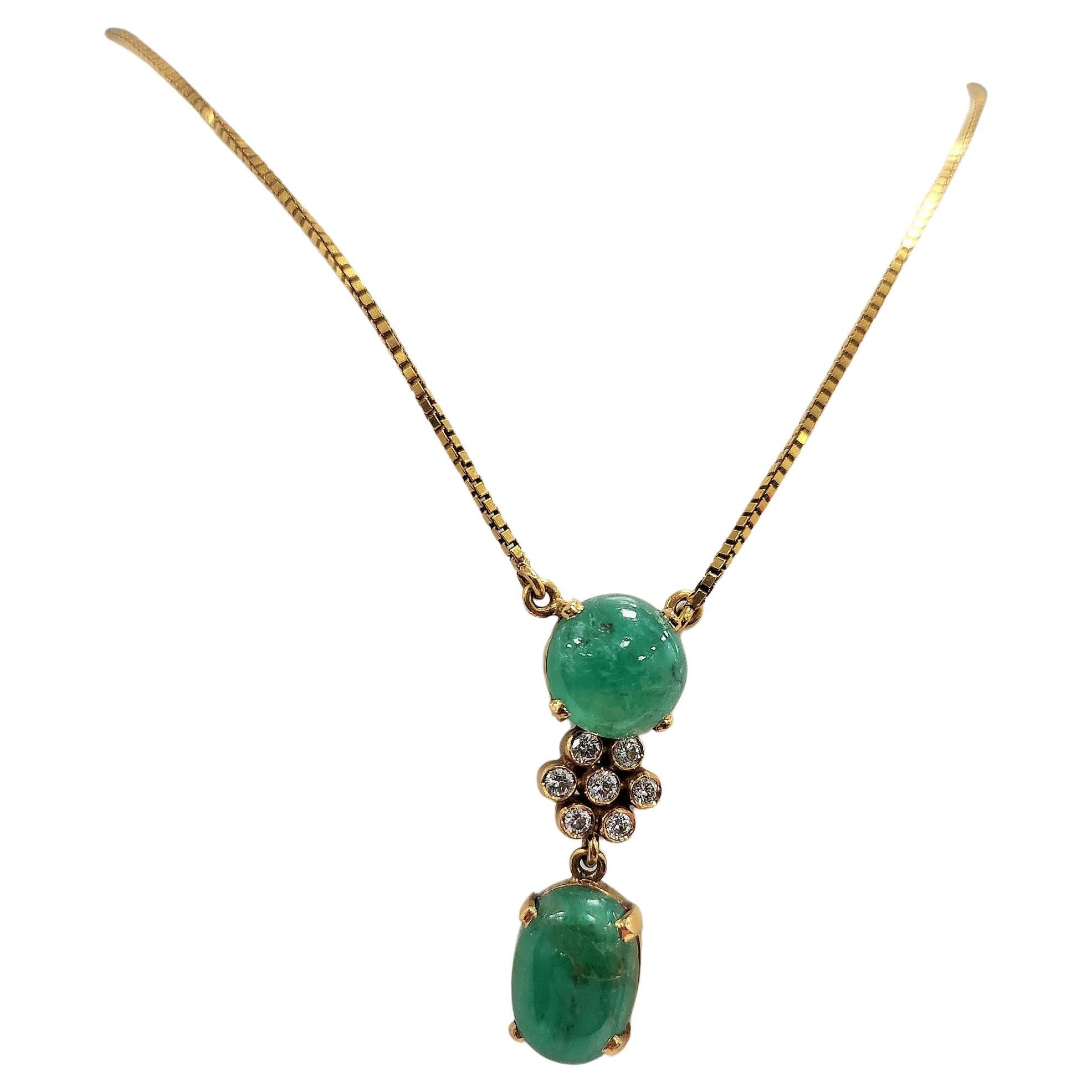 Vintage Emerald Cabochon & Diamond Dangle Necklace 18K Gold Box Chain For Sale 1