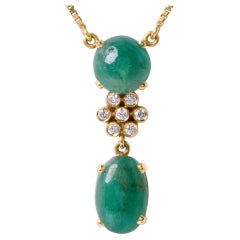 Vintage Emerald Cabochon & Diamond Dangle Necklace 18K Gold Box Chain
