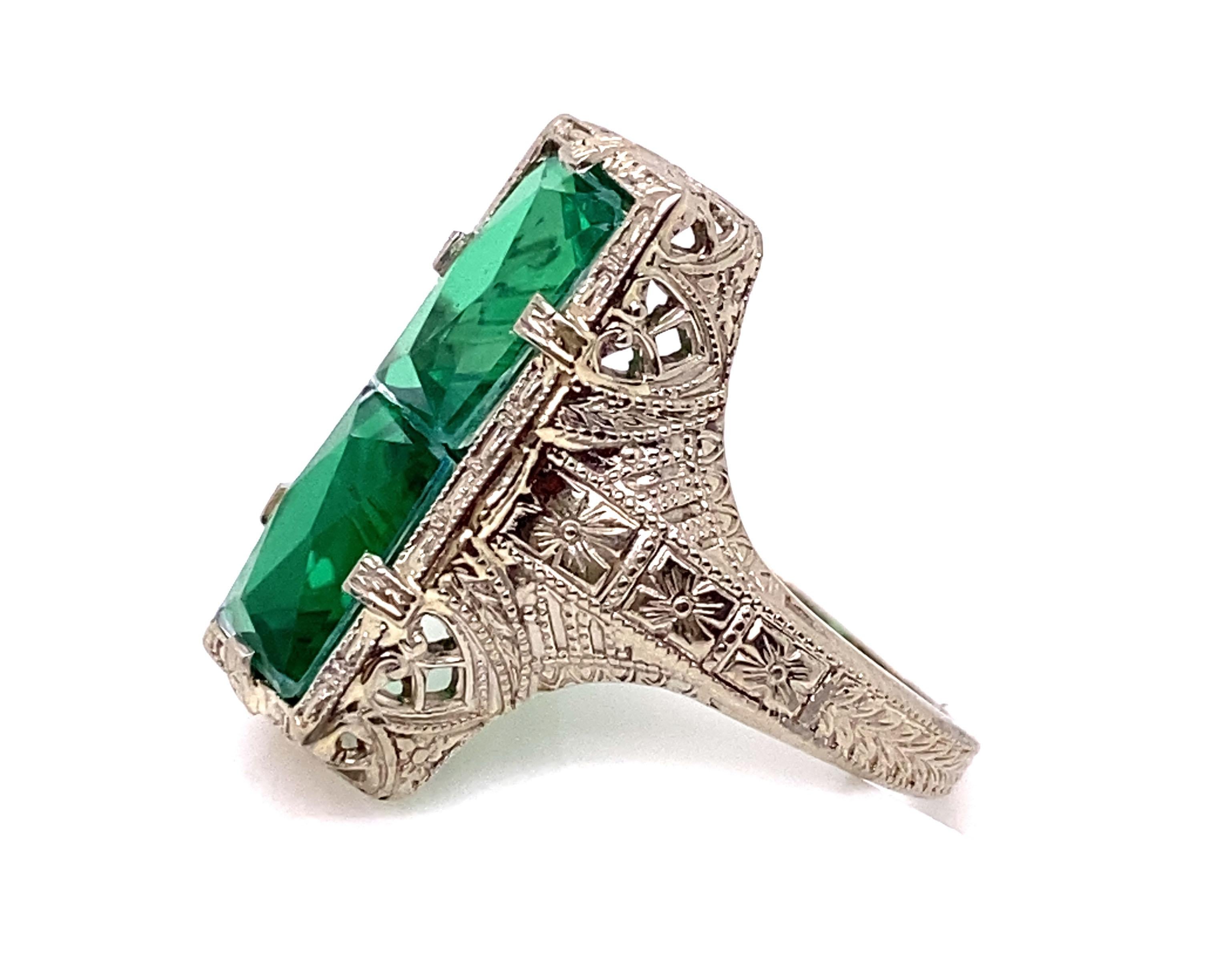French Cut Vintage Emerald Cocktail Ring 3ct Antique 14K Art Deco Flowers Filigree