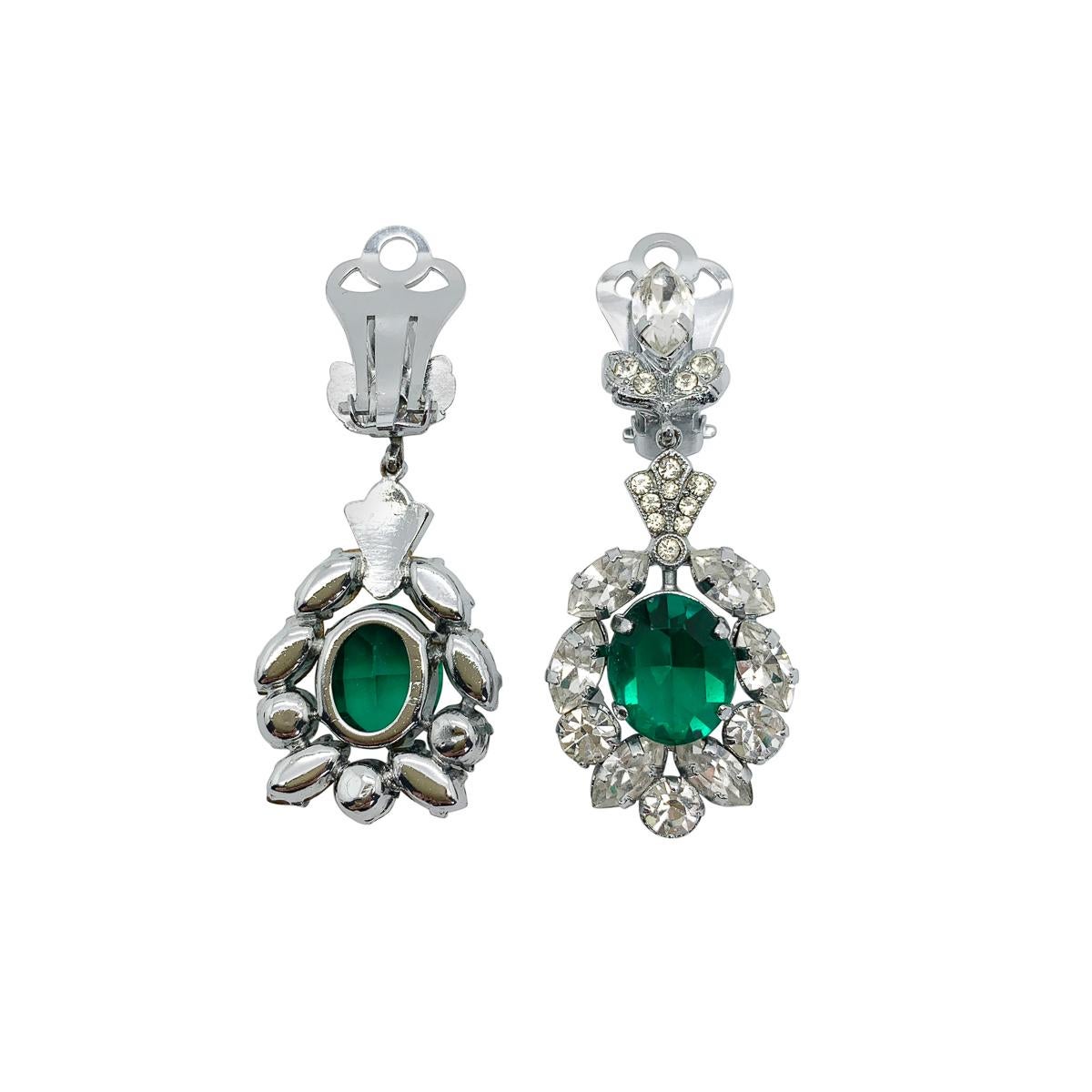 Women's or Men's Vintage Emerald Crystal Droplet Earrings 1940s