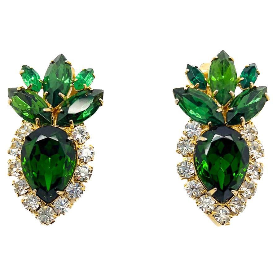 Vintage Emerald Crystal Plume Earrings 1950s For Sale