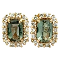 Vintage Emerald Cut Alexandrite and Diamond Gold Stud Earrings