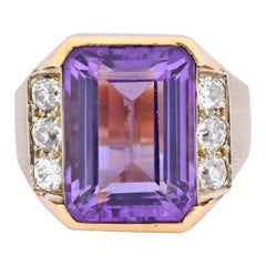 Retro Emerald Cut Amethyst Diamond 14 Karat Gold Statement Ring