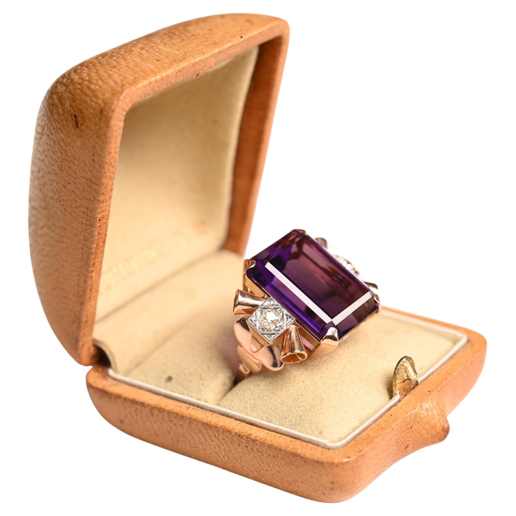 Vintage Emerald Cut Amethyst Diamond Ring (Approx. 19.20-Carats), 18K Rose Gold