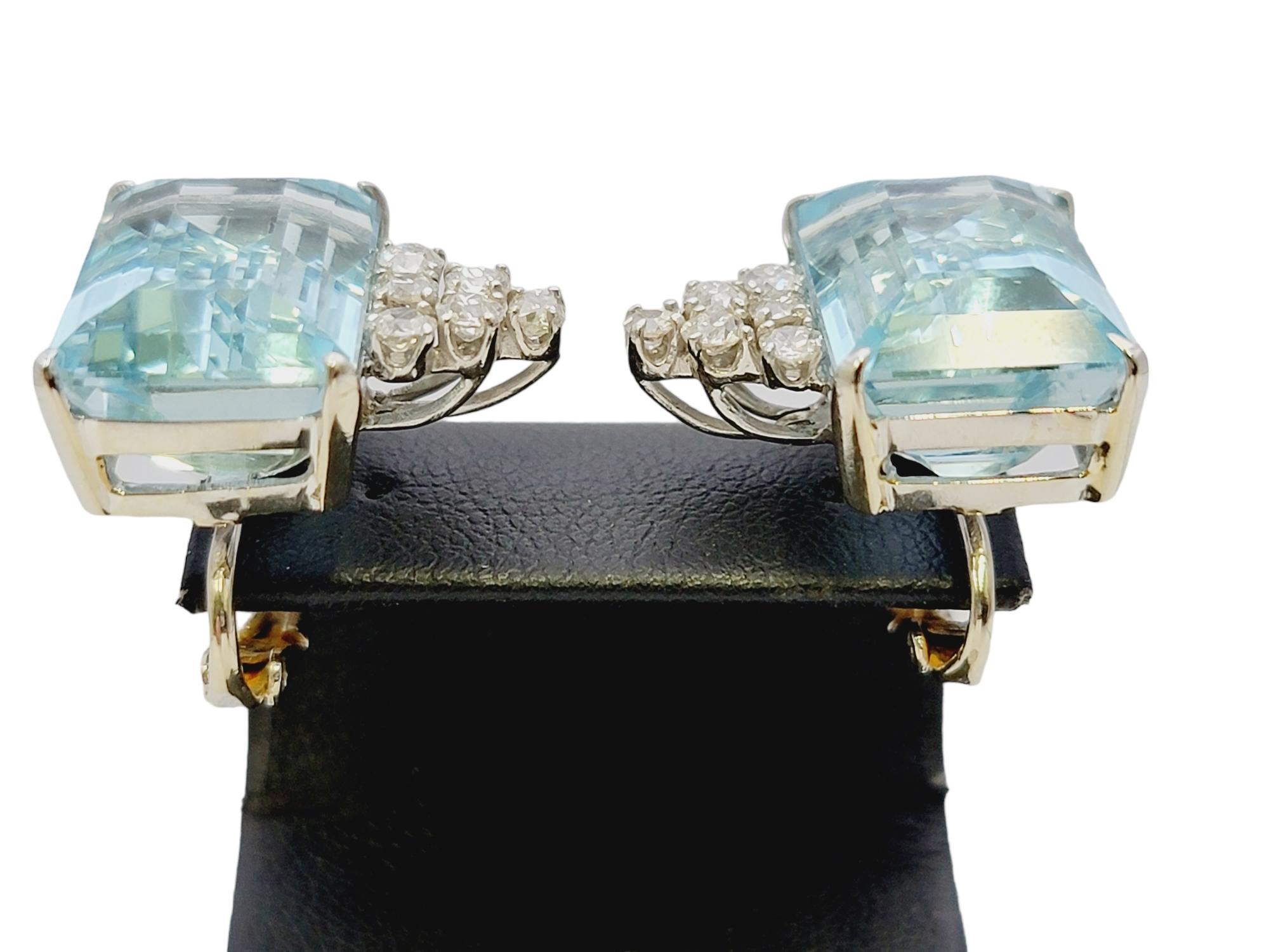 Vintage Emerald Cut Aquamarine and Diamond White Gold Clip-On Earrings For Sale 5