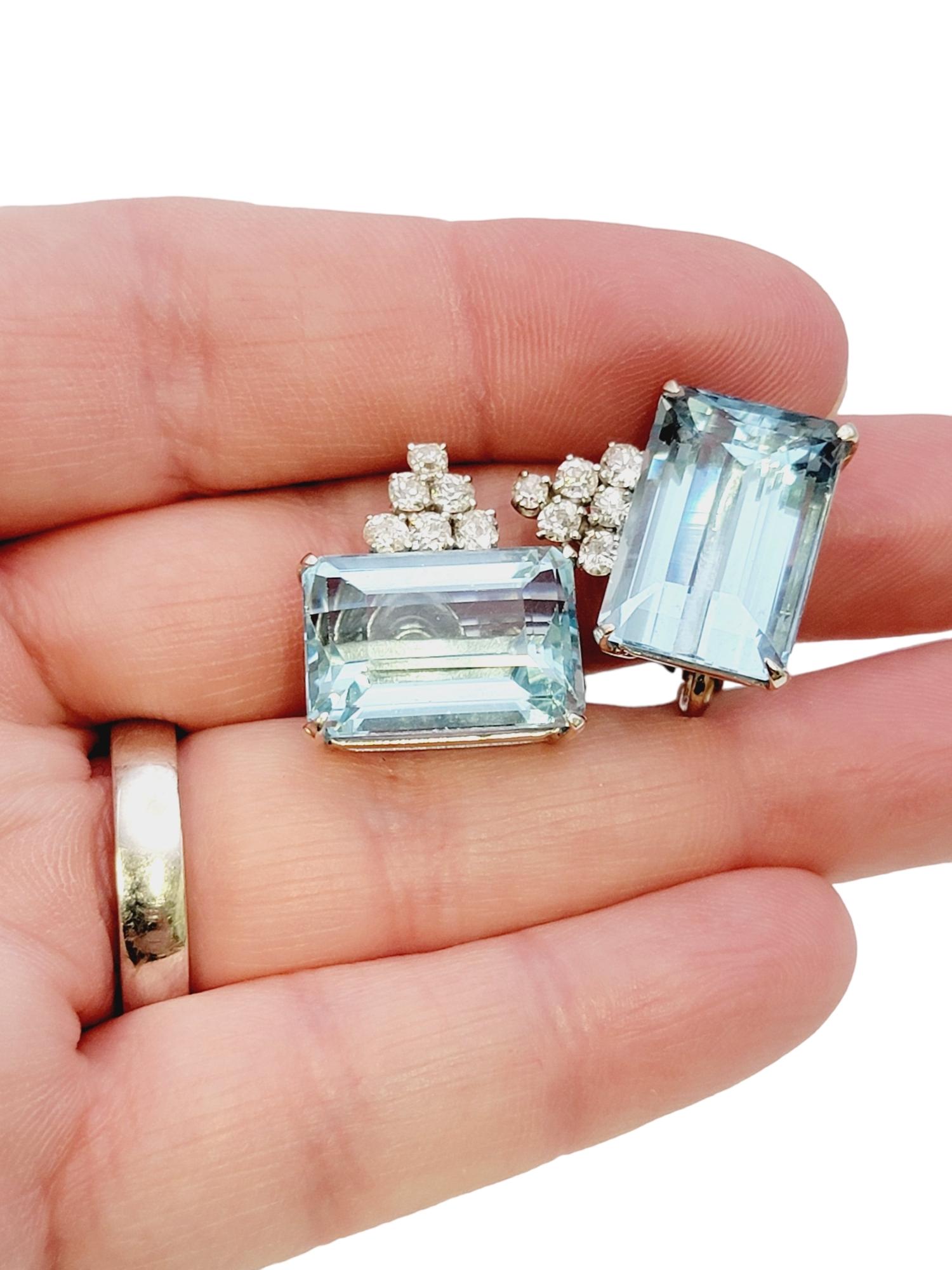 Vintage Emerald Cut Aquamarine and Diamond White Gold Clip-On Earrings For Sale 9