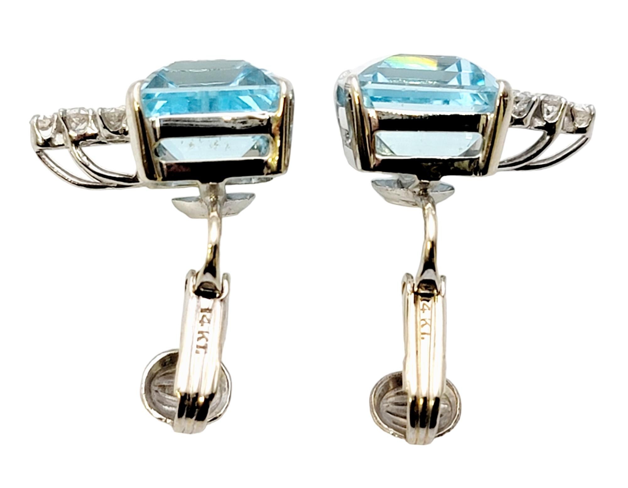 Contemporary Vintage Emerald Cut Aquamarine and Diamond White Gold Clip-On Earrings For Sale