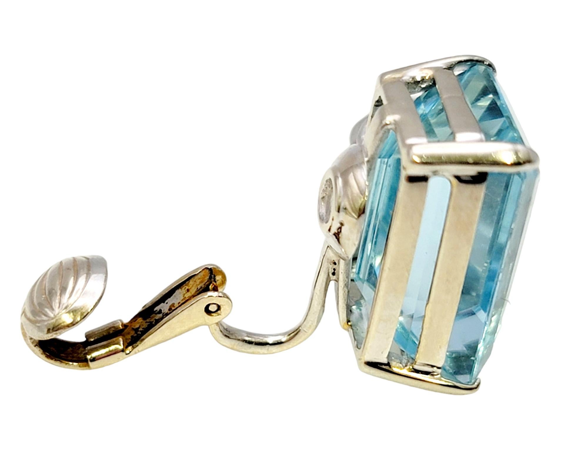 Women's Vintage Emerald Cut Aquamarine and Diamond White Gold Clip-On Earrings For Sale