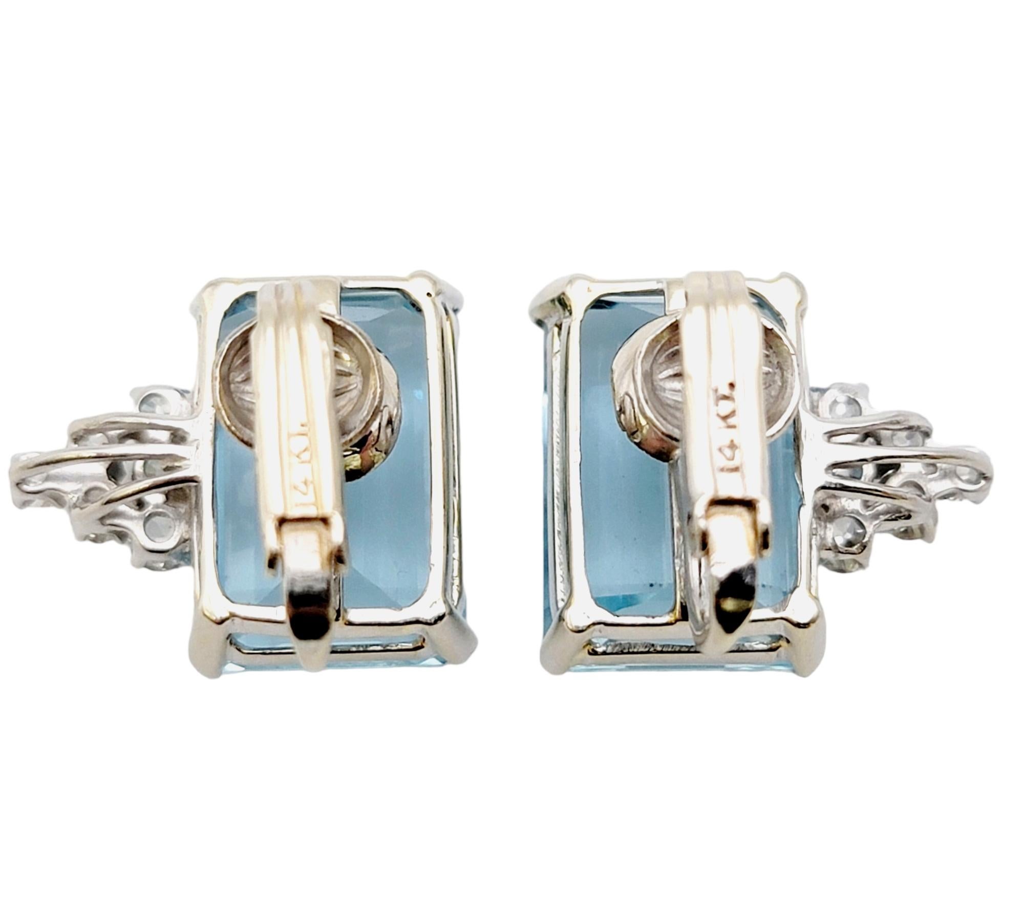 Vintage Emerald Cut Aquamarine and Diamond White Gold Clip-On Earrings For Sale 2