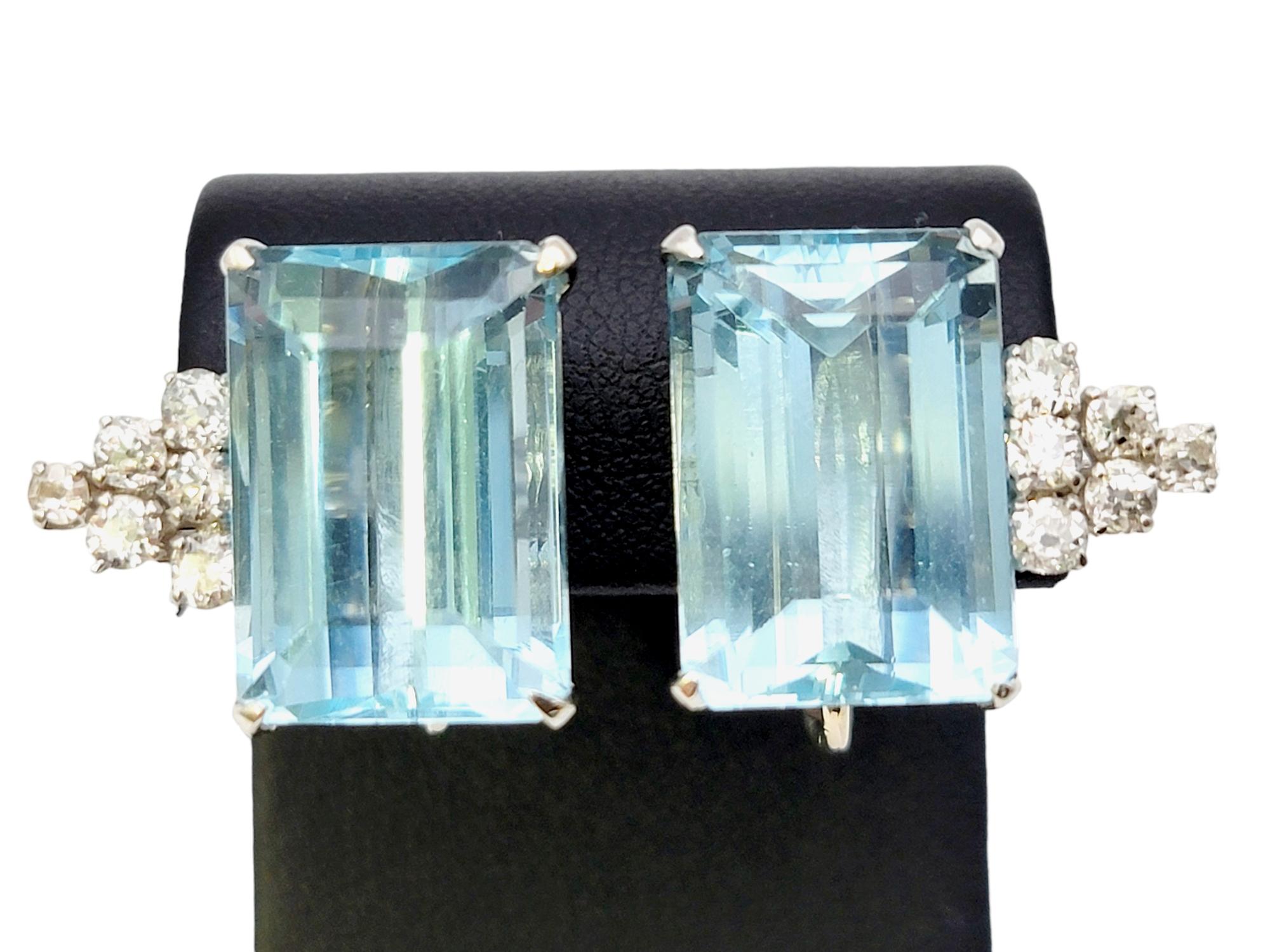 Vintage Emerald Cut Aquamarine and Diamond White Gold Clip-On Earrings For Sale 3