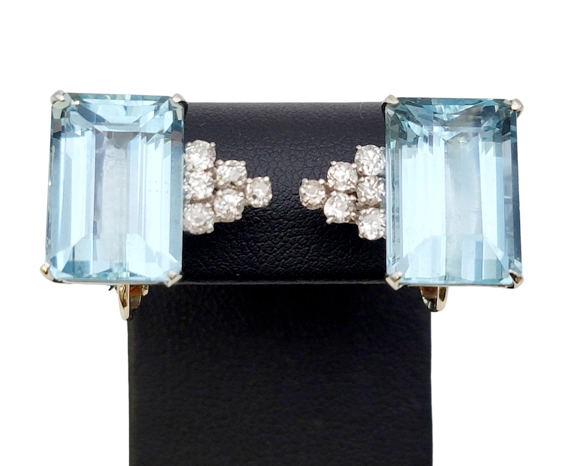 Vintage Emerald Cut Aquamarine and Diamond White Gold Clip-On Earrings For Sale 4