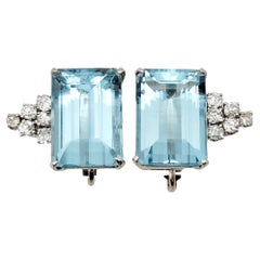 Vintage Emerald Cut Aquamarine and Diamond White Gold Clip-On Earrings