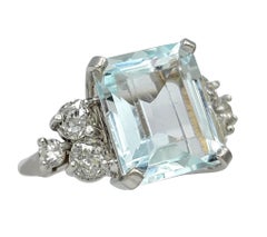 Vintage Emerald Cut Aquamarine Cocktail Ring with Diamonds 14 karat White Gold