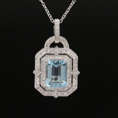 Vintage Emerald Cut Aquamarine Diamonds Pendant Necklace