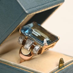 Vintage Aquamarine Ring. 19ct Aquamarine Diamond Accent Ring 18K Yellow Gold