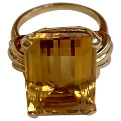 Vintage Emerald Cut Citrine 14 Karat Yellow Gold Ring