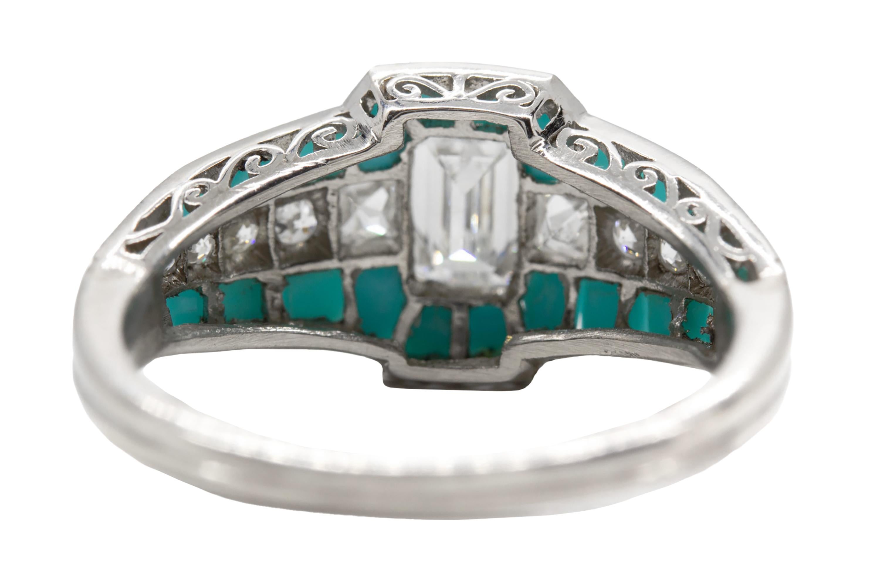 Art Deco Vintage Emerald Cut Diamond and Turquoise Engagement Ring For Sale