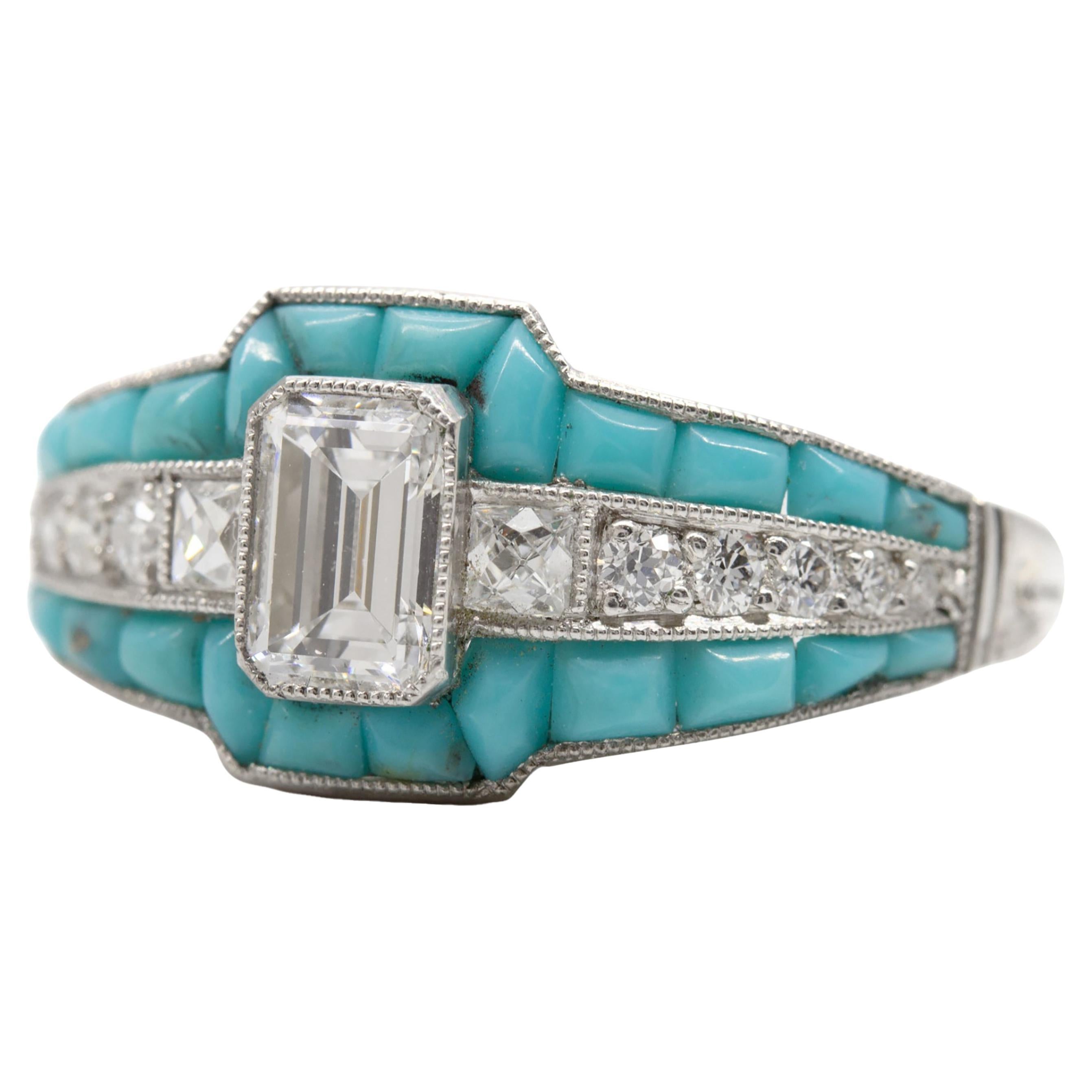 Vintage Emerald Cut Diamond and Turquoise Engagement Ring For Sale